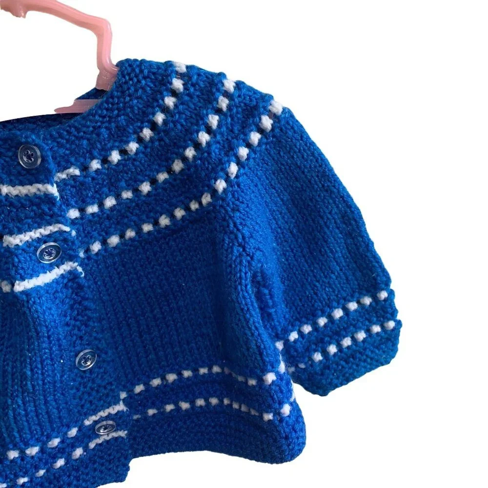 Vintage Handknit Cozy Chunky Knit Retro Blue Cardigan 0-3 Months